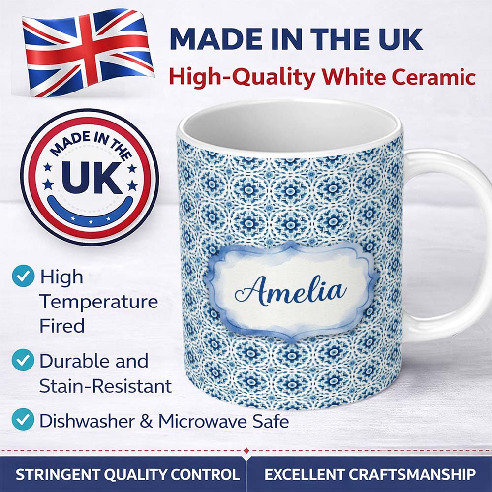 Personalized Custom Name Blue Geometric Tile Floral Repeat Seamless Pattern Name Cute Unique 11oz Ceramic Coffee Tea Mug White Large Handle