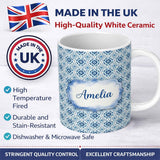 Personalized Custom Name Blue Geometric Tile Floral Repeat Seamless Pattern Name Cute Unique 11oz Ceramic Coffee Tea Mug White Large Handle