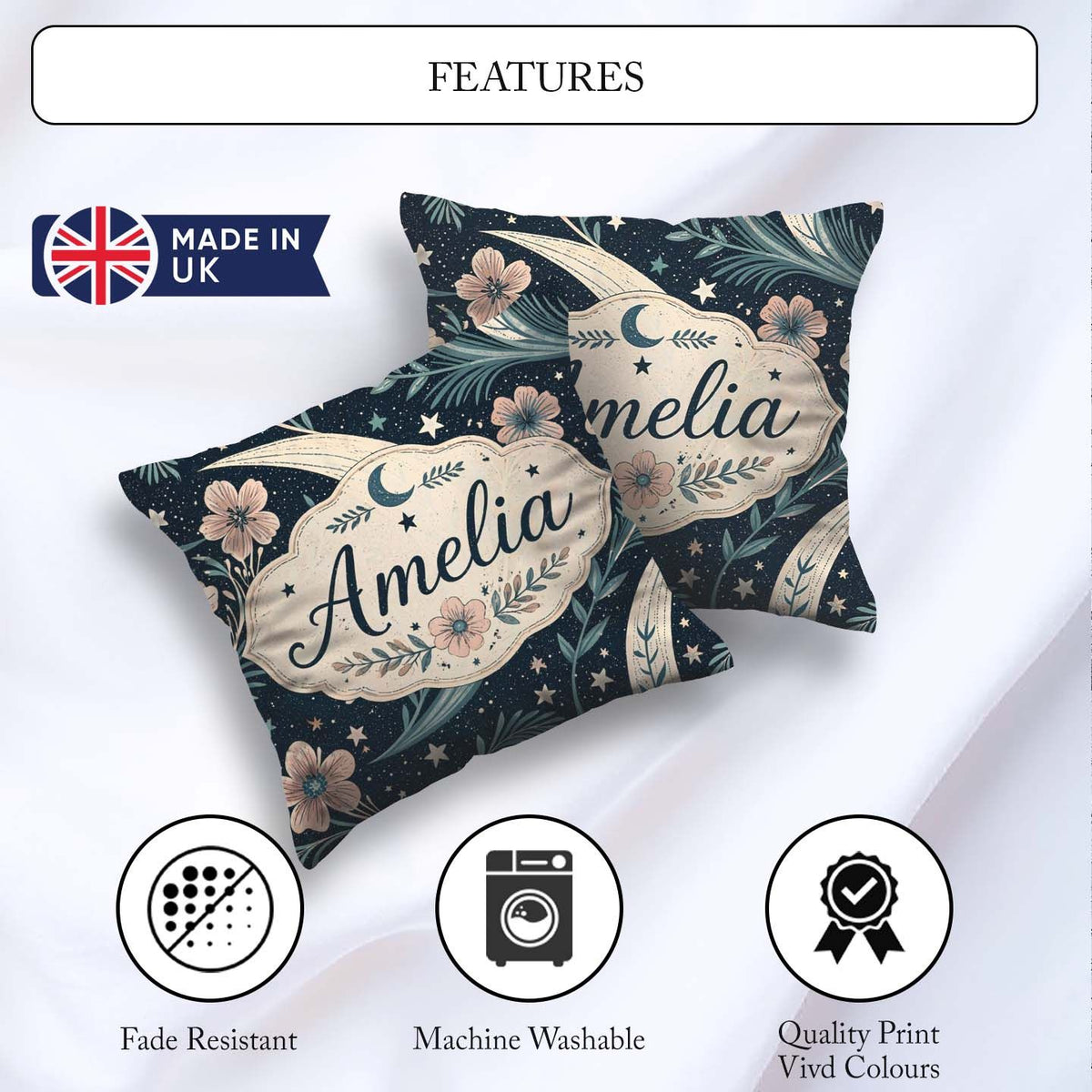 Custom Name Botanical Crescent Moon Floral Night Seamless Lovely Square Filled Cushion Throw Pillow Sofa Bed Home Decor Zip Washable UK Made