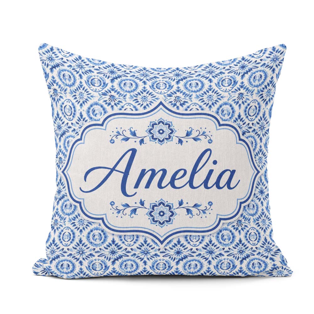 Custom Name Blue Folk Art Ornamental Seamless Pattern Name Cute Square Filled Cushion Throw Pillow Sofa Bed Home Decor Zip Washable UK Made