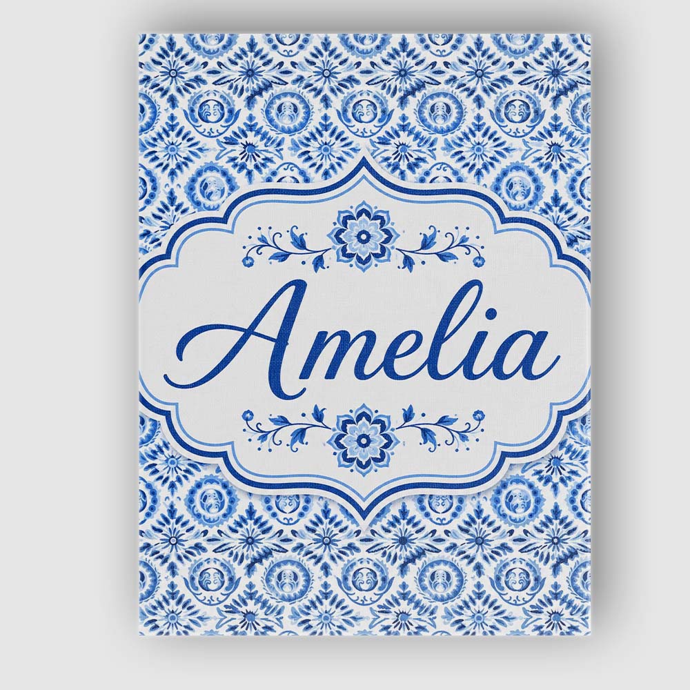 Personalised Name Blue Folk Ornamental Custom  Modern Room Accent Elegant Feature Canvas Wall Art Print Decor Picture Ready to Hang