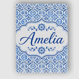 Personalised Name Blue Folk Ornamental Custom  Modern Room Accent Elegant Feature Canvas Wall Art Print Decor Picture Ready to Hang