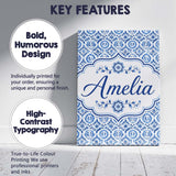 Personalised Name Blue Folk Ornamental Custom  Modern Room Accent Elegant Feature Canvas Wall Art Print Decor Picture Ready to Hang