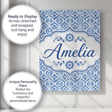 Personalised Name Blue Folk Ornamental Custom  Modern Room Accent Elegant Feature Canvas Wall Art Print Decor Picture Ready to Hang