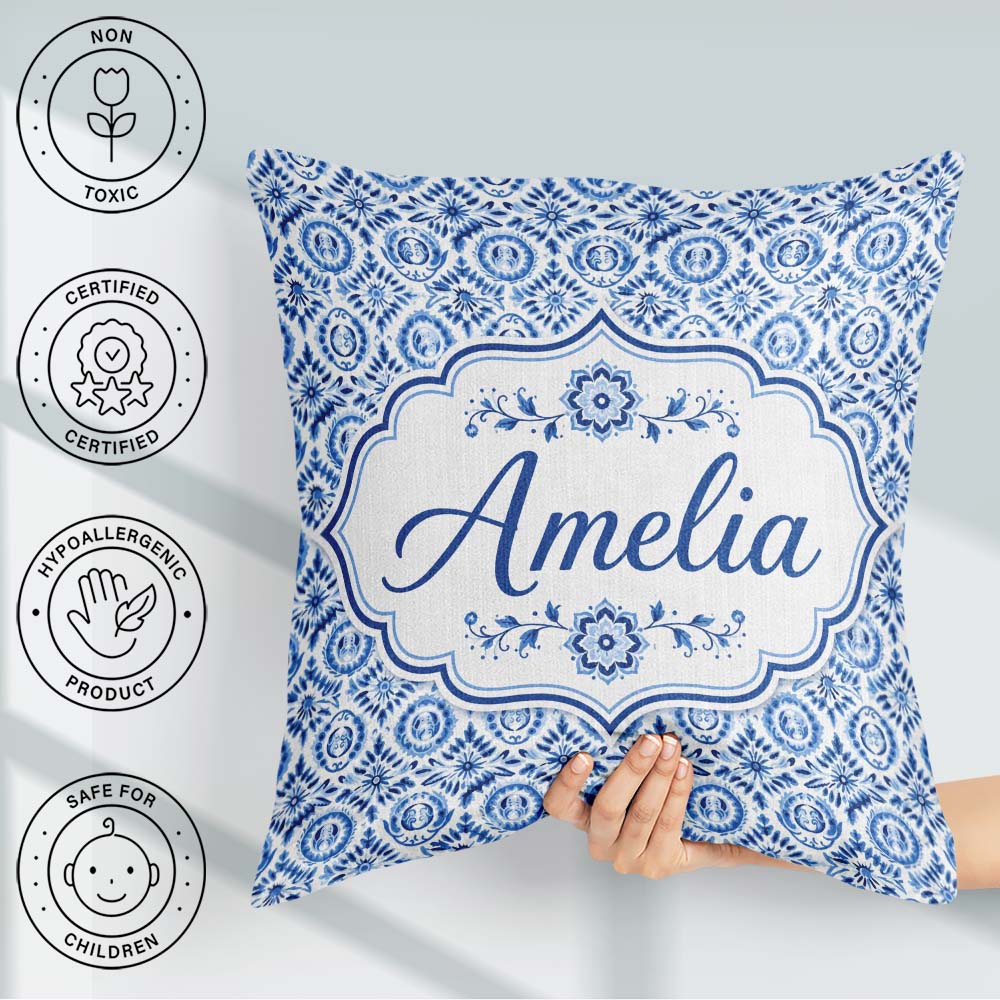 Custom Name Blue Folk Art Ornamental Seamless Pattern Name Cute Square Filled Cushion Throw Pillow Sofa Bed Home Decor Zip Washable UK Made