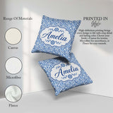Custom Name Blue Folk Art Ornamental Seamless Pattern Name Cute Square Filled Cushion Throw Pillow Sofa Bed Home Decor Zip Washable UK Made