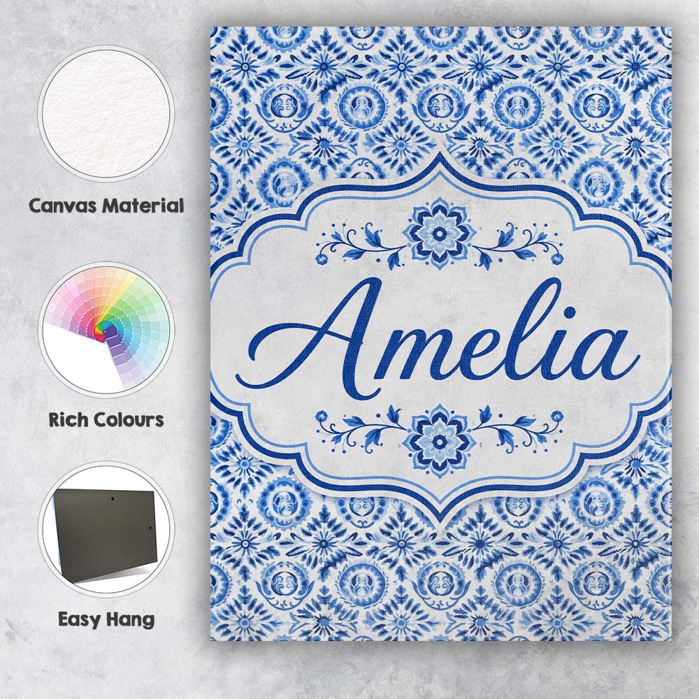 Personalised Name Blue Folk Ornamental Custom  Modern Room Accent Elegant Feature Canvas Wall Art Print Decor Picture Ready to Hang