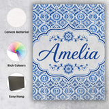 Personalised Name Blue Folk Ornamental Custom  Modern Room Accent Elegant Feature Canvas Wall Art Print Decor Picture Ready to Hang