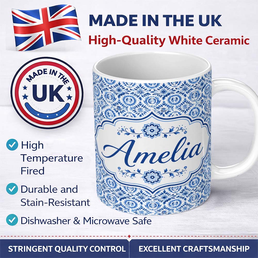 Personalized Custom Name Blue Folk Art Ornamental Seamless Pattern Name Cute Unique Gift 11oz Ceramic Coffee Tea Mug White Large Handle