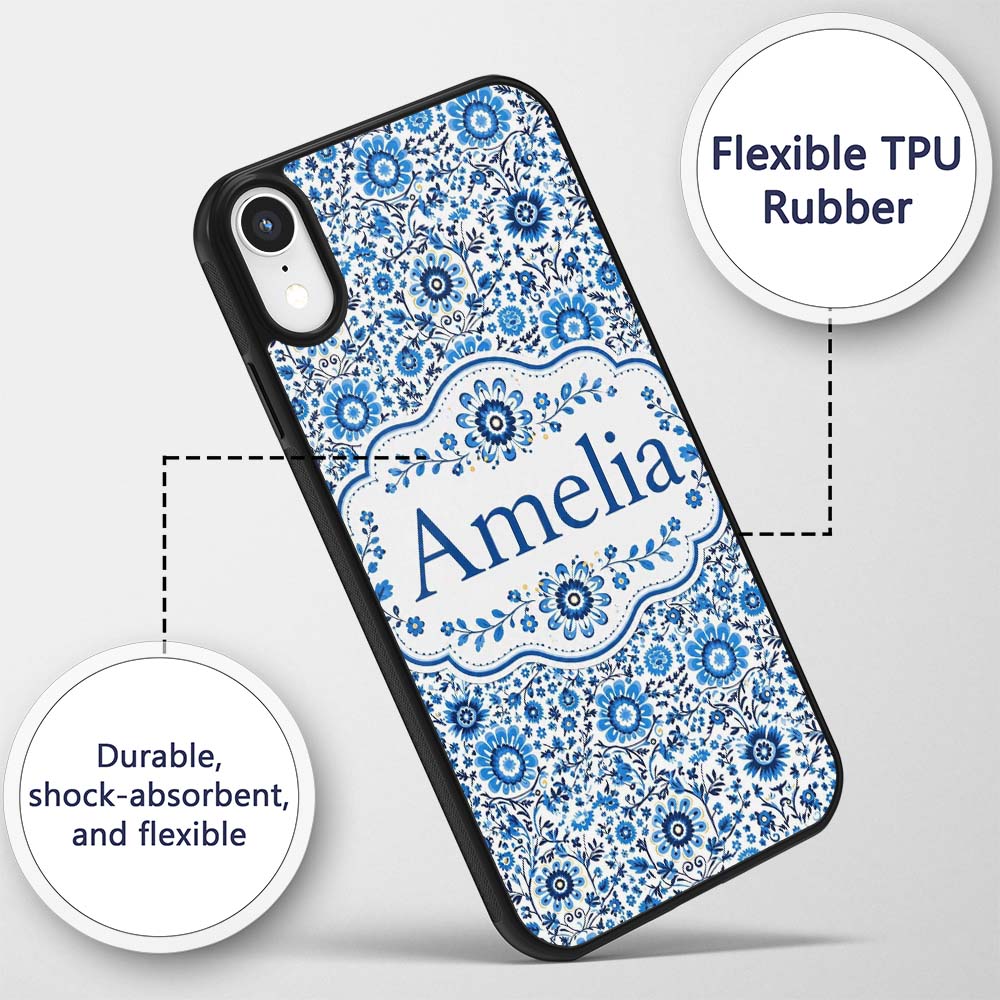 Blue Botanical Floral Vine Seamless Pattern Name Custom Name Protective Phone Case Mobile Cover Durable Everyday Smartphone Shock Resistant