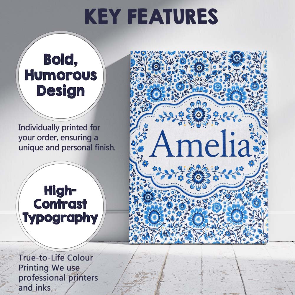 Personalised Name Blue Botanical Floral Custom  Modern Room Accent Elegant Feature Canvas Wall Art Print Decor Picture Ready to Hang