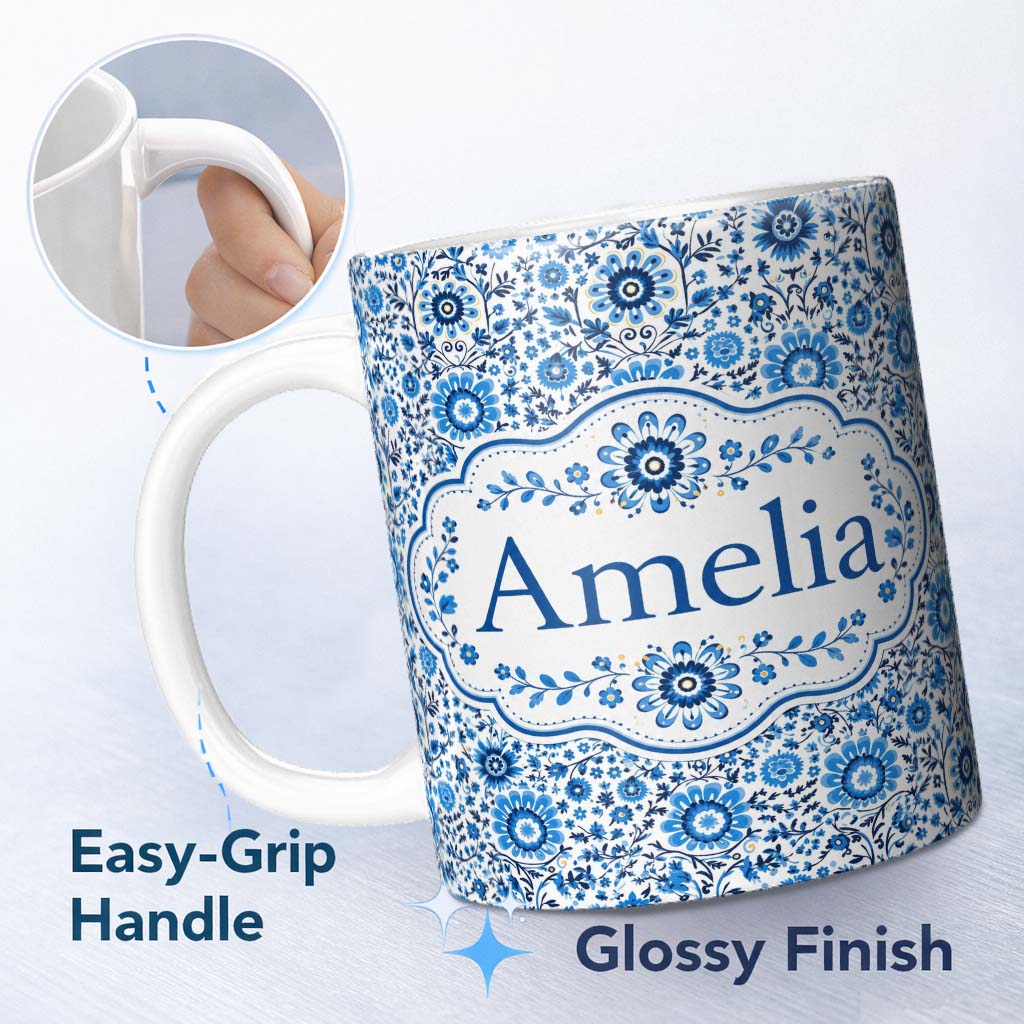 Personalized Custom Name Blue Botanical Floral Vine Seamless Pattern Name Cute Unique Gift 11oz Ceramic Coffee Tea Mug White Large Handle