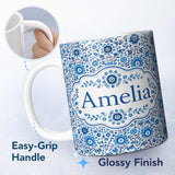 Personalized Custom Name Blue Botanical Floral Vine Seamless Pattern Name Cute Unique Gift 11oz Ceramic Coffee Tea Mug White Large Handle