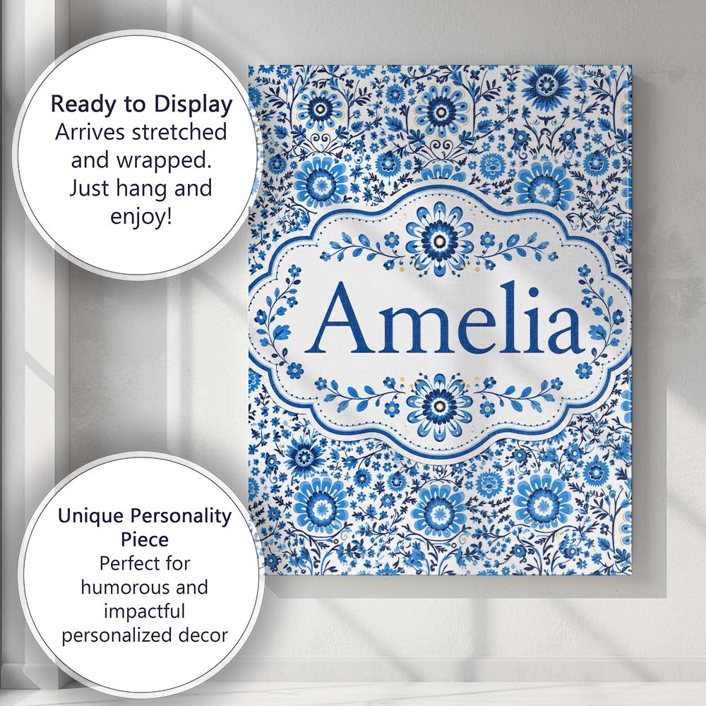Personalised Name Blue Botanical Floral Custom  Modern Room Accent Elegant Feature Canvas Wall Art Print Decor Picture Ready to Hang