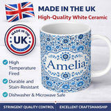 Personalized Custom Name Blue Botanical Floral Vine Seamless Pattern Name Cute Unique Gift 11oz Ceramic Coffee Tea Mug White Large Handle