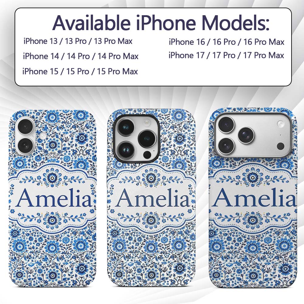 Blue Botanical Floral Vine Seamless Pattern Name Custom Name Protective Phone Case Mobile Cover Durable Everyday Smartphone Shock Resistant