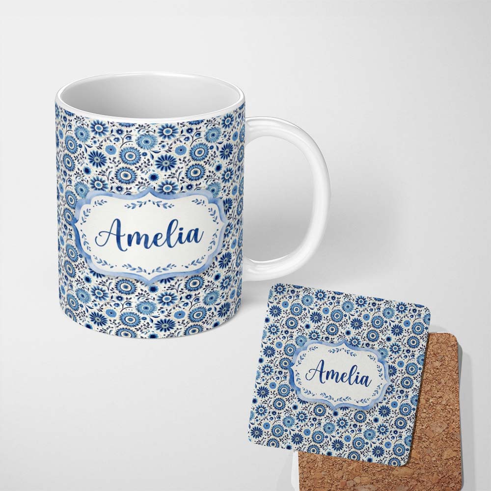 Personalized Custom Name Blue Flower Power Seamless Pattern Name Cute Unique Gift Lovely 11oz Ceramic Coffee Tea Mug White Large Handle