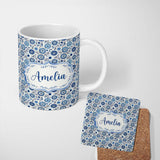 Personalized Custom Name Blue Flower Power Seamless Pattern Name Cute Unique Gift Lovely 11oz Ceramic Coffee Tea Mug White Large Handle