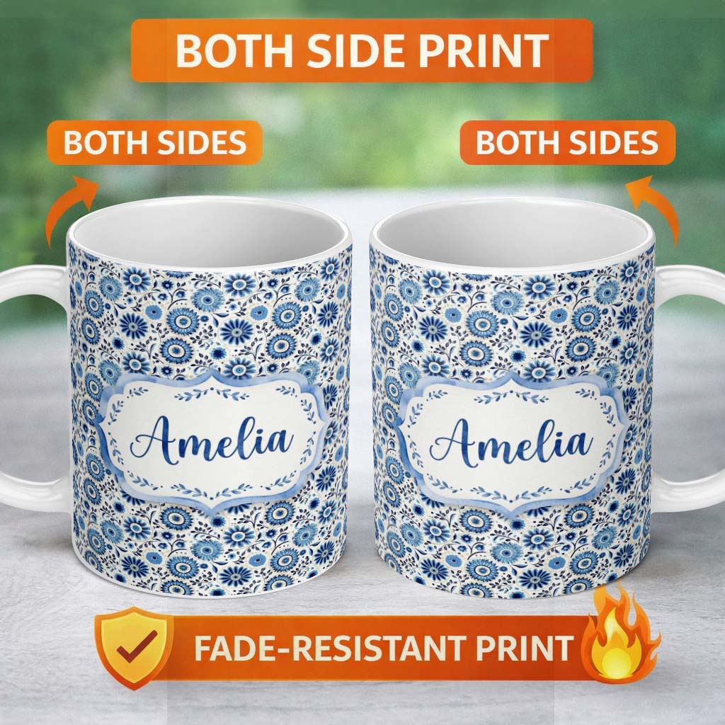 Personalized Custom Name Blue Flower Power Seamless Pattern Name Cute Unique Gift Lovely 11oz Ceramic Coffee Tea Mug White Large Handle