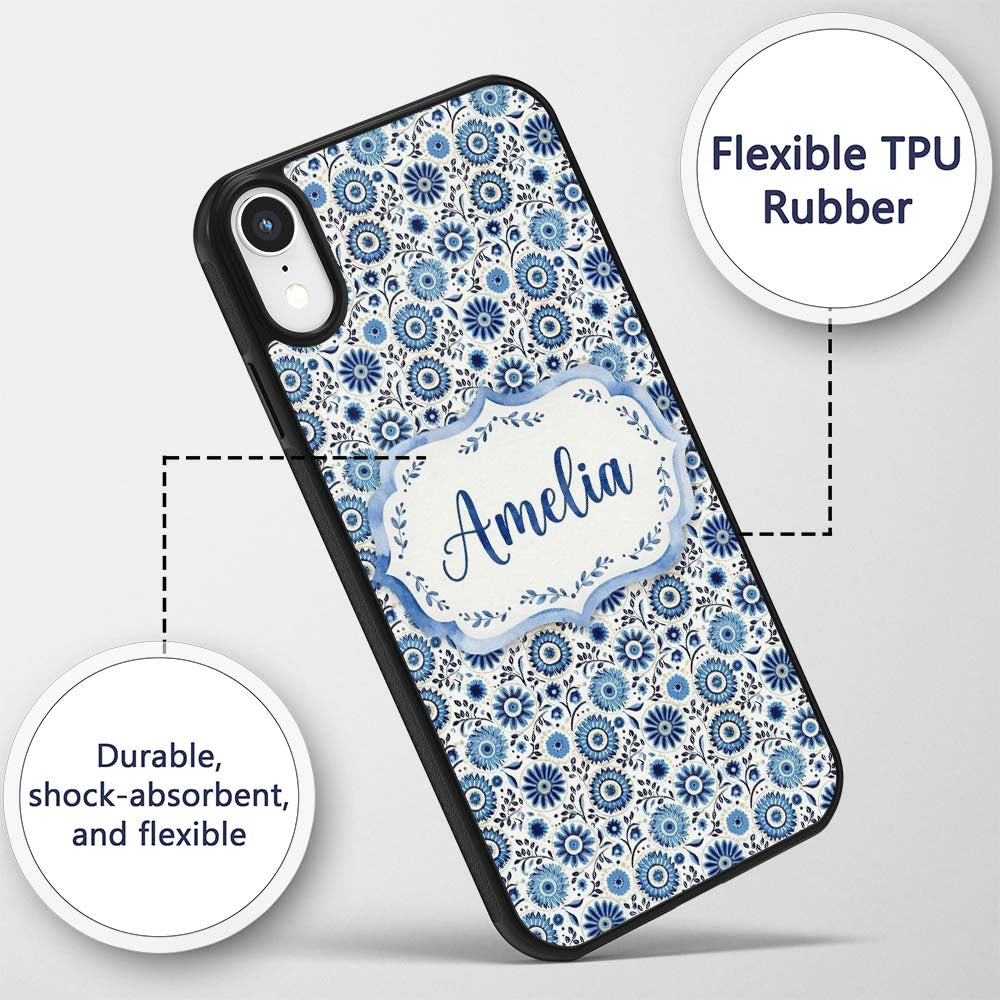 Blue Flower Power Seamless Pattern Name Cute Custom Name Protective Phone Case Mobile Cover Durable Everyday Smartphone Shock Resistant