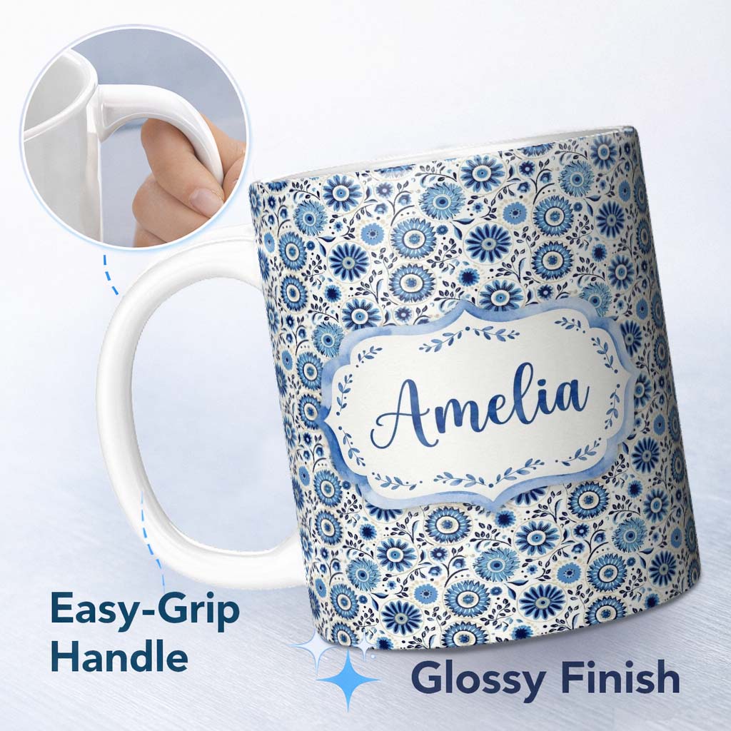 Personalized Custom Name Blue Flower Power Seamless Pattern Name Cute Unique Gift Lovely 11oz Ceramic Coffee Tea Mug White Large Handle