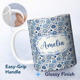 Personalized Custom Name Blue Flower Power Seamless Pattern Name Cute Unique Gift Lovely 11oz Ceramic Coffee Tea Mug White Large Handle