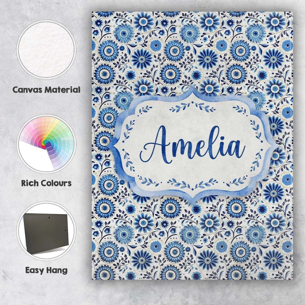 Personalised Name Blue Flower Power Seamless Custom Bespoke  Contemporary Display Canvas Wall Art Print Decor Picture Ready to Hang