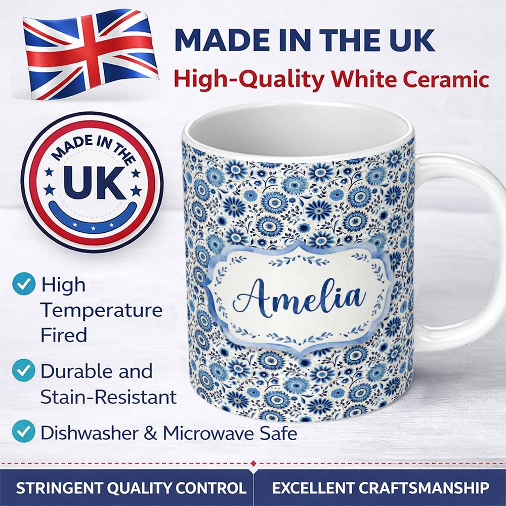 Personalized Custom Name Blue Flower Power Seamless Pattern Name Cute Unique Gift Lovely 11oz Ceramic Coffee Tea Mug White Large Handle