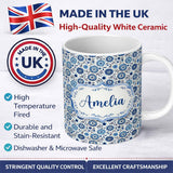 Personalized Custom Name Blue Flower Power Seamless Pattern Name Cute Unique Gift Lovely 11oz Ceramic Coffee Tea Mug White Large Handle