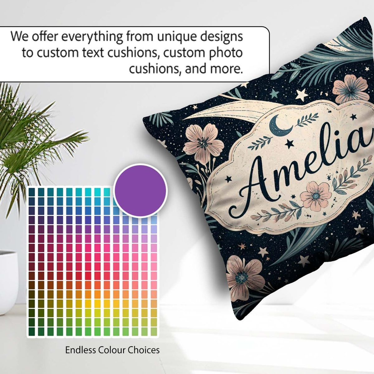 Custom Name Botanical Crescent Moon Floral Night Seamless Lovely Square Filled Cushion Throw Pillow Sofa Bed Home Decor Zip Washable UK Made