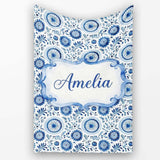 Blue Folk Art Floral Paisley Seamless Pattern  Cute  Personalised Custom Name Super Soft Fleece Blanket Bed Sofa Throw