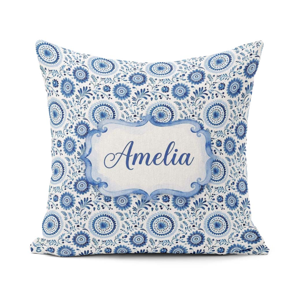 Custom Name Blue Folk Art Floral Paisley Seamless Pattern Cute Square Filled Cushion Throw Pillow Sofa Bed Home Decor Zip Washable UK Made