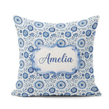 Custom Name Blue Folk Art Floral Paisley Seamless Pattern Cute Square Filled Cushion Throw Pillow Sofa Bed Home Decor Zip Washable UK Made