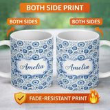 Personalized Custom Name Blue Folk Art Floral Paisley Seamless Pattern Custom Name Cute 11oz Ceramic Coffee Tea Mug White Large Handle