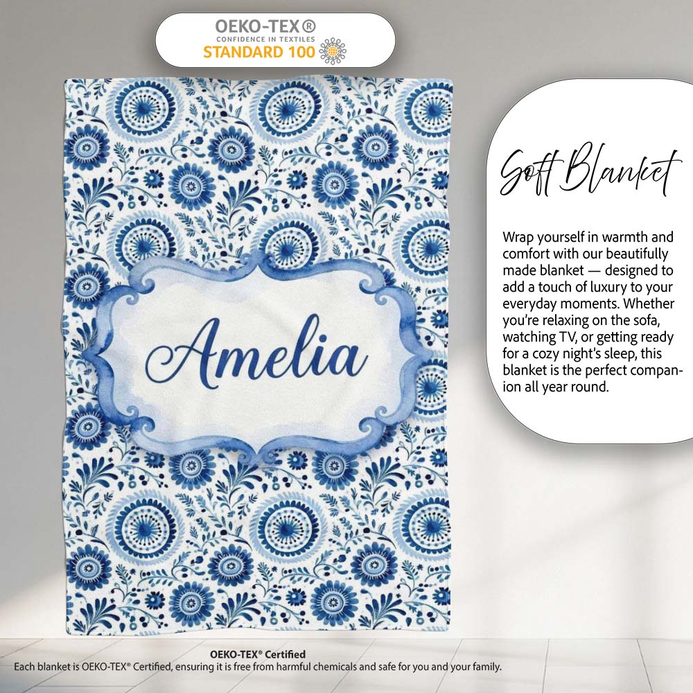 Blue Folk Art Floral Paisley Seamless Pattern  Cute  Personalised Custom Name Super Soft Fleece Blanket Bed Sofa Throw