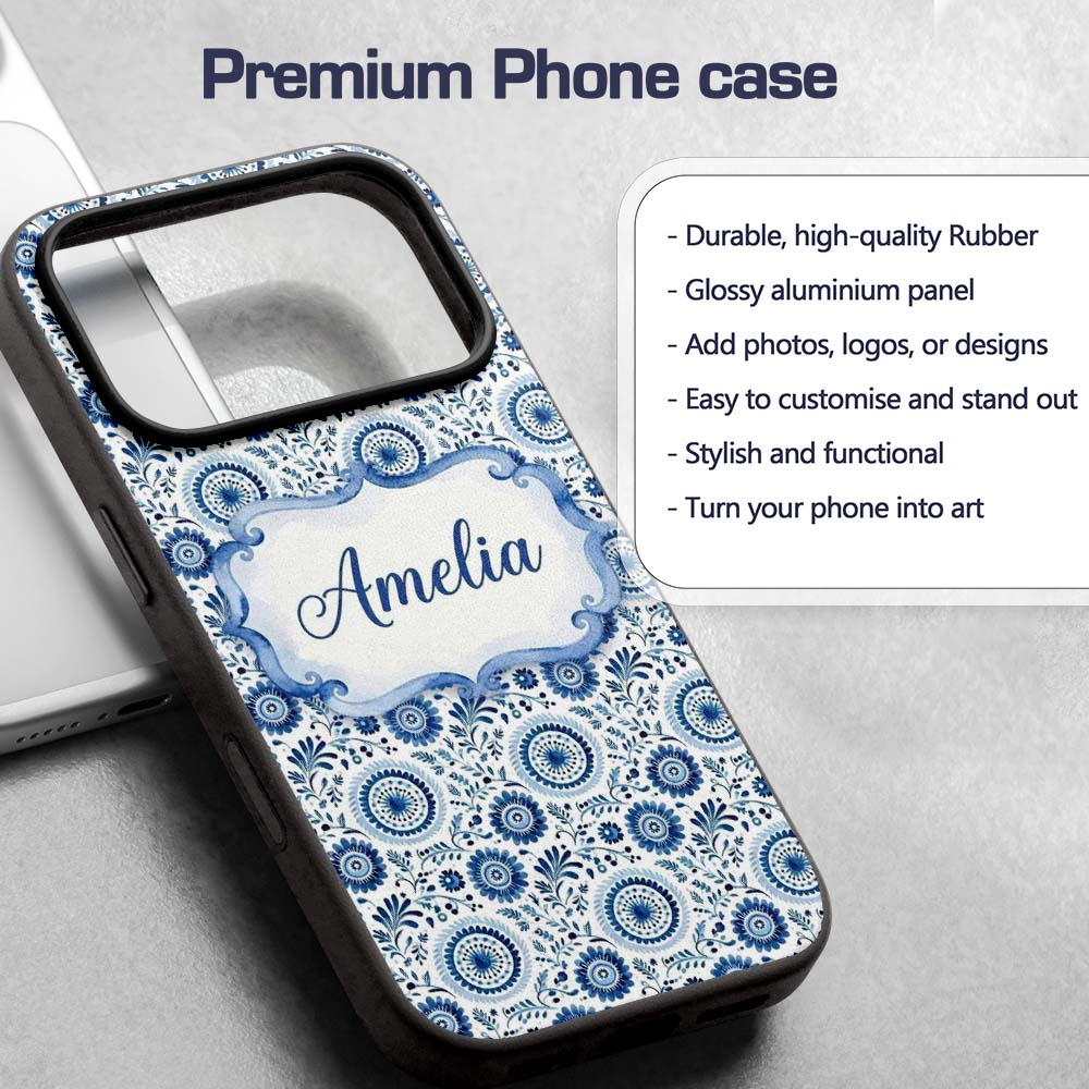 Blue Folk Art Floral Paisley Seamless Pattern Custom Name Protective Phone Case Mobile Cover Durable Everyday Smartphone Shock Resistant