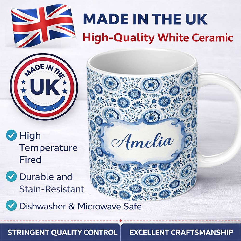 Personalized Custom Name Blue Folk Art Floral Paisley Seamless Pattern Custom Name Cute 11oz Ceramic Coffee Tea Mug White Large Handle
