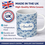 Personalized Custom Name Blue Folk Art Floral Paisley Seamless Pattern Custom Name Cute 11oz Ceramic Coffee Tea Mug White Large Handle