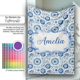 Blue Folk Art Floral Paisley Seamless Pattern  Cute  Personalised Custom Name Super Soft Fleece Blanket Bed Sofa Throw