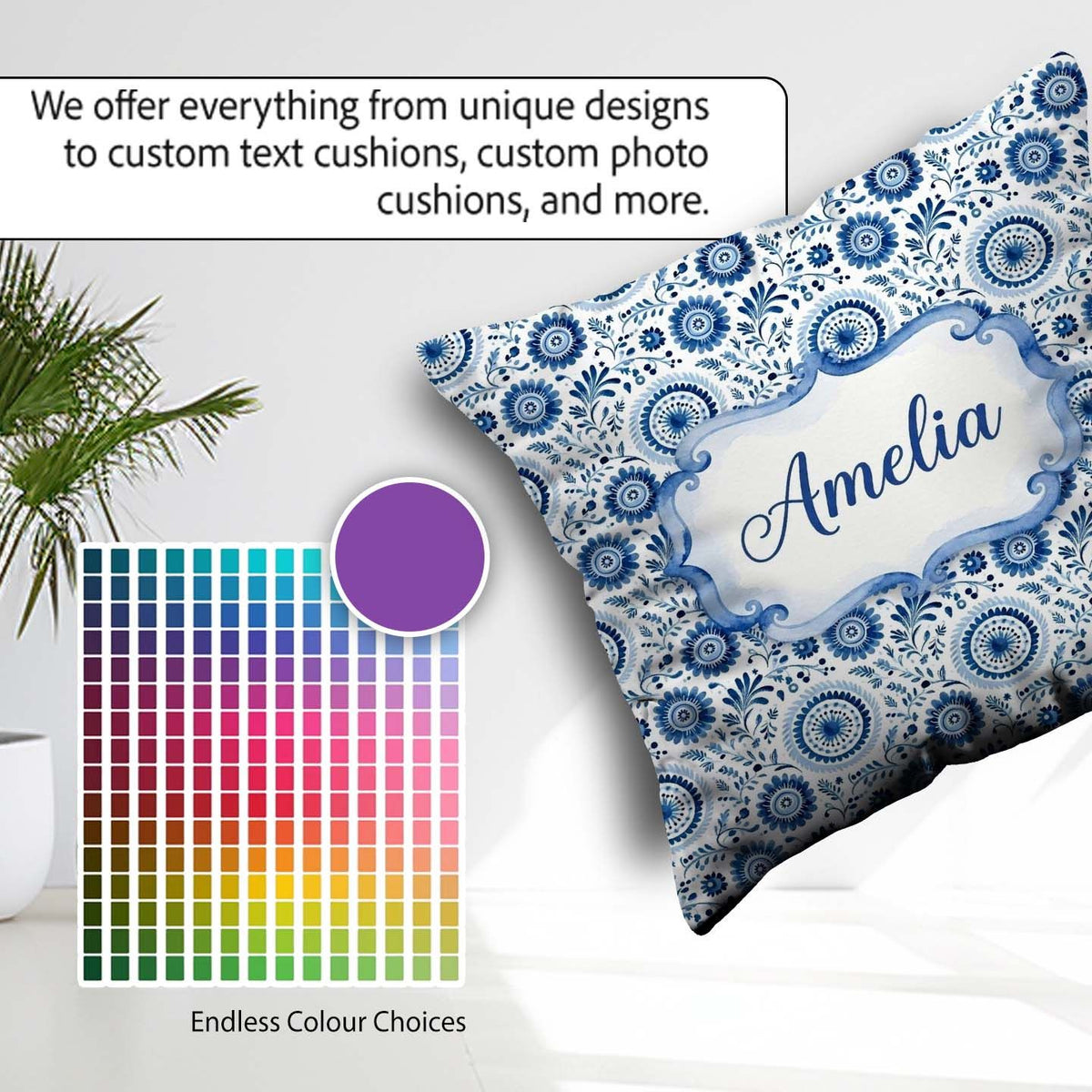 Custom Name Blue Folk Art Floral Paisley Seamless Pattern Cute Square Filled Cushion Throw Pillow Sofa Bed Home Decor Zip Washable UK Made