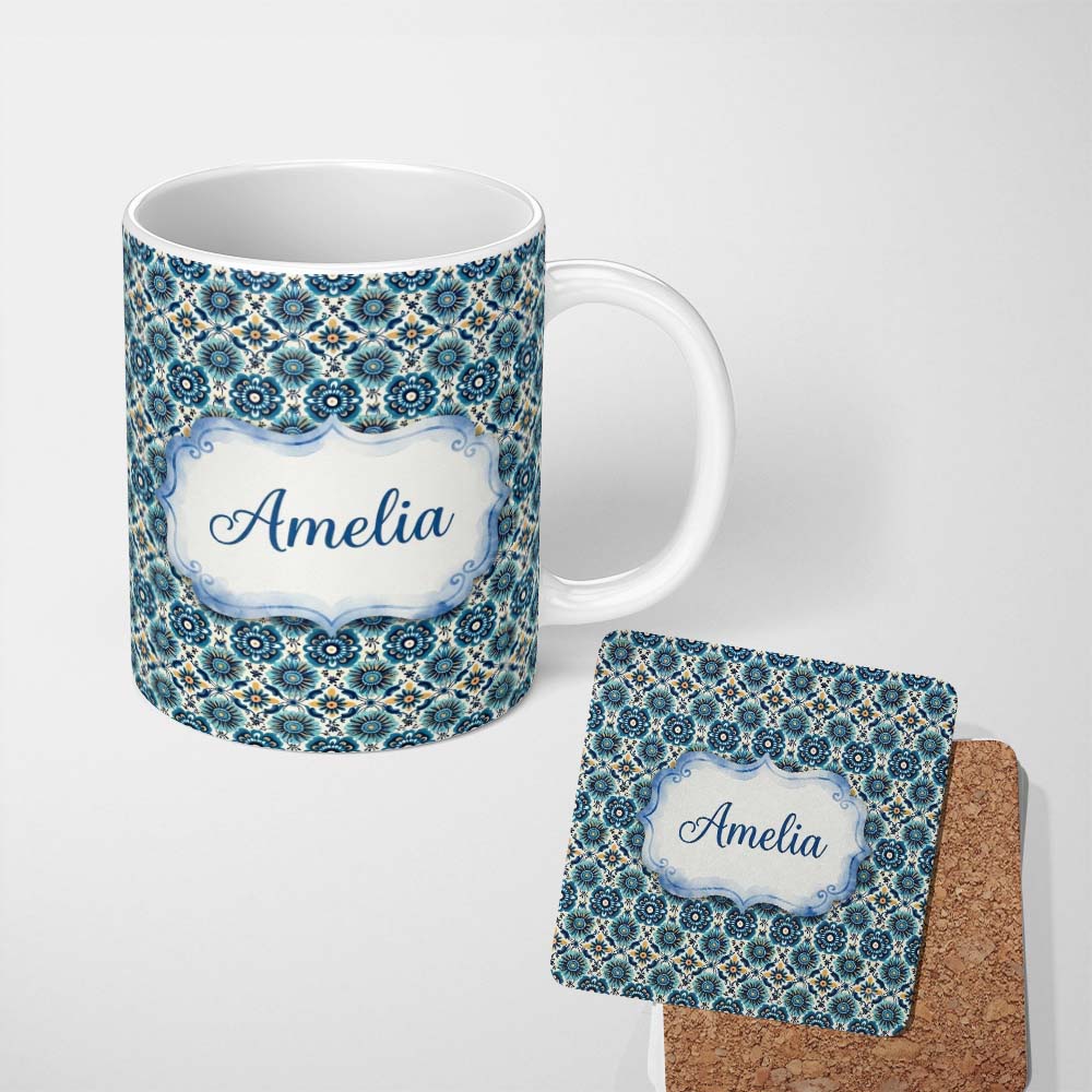Personalized Custom Name Blue Floral Geometric Tile Seamless Pattern Name Cute Unique Gift 11oz Ceramic Coffee Tea Mug White Large Handle