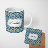 Personalized Custom Name Blue Floral Geometric Tile Seamless Pattern Name Cute Unique Gift 11oz Ceramic Coffee Tea Mug White Large Handle