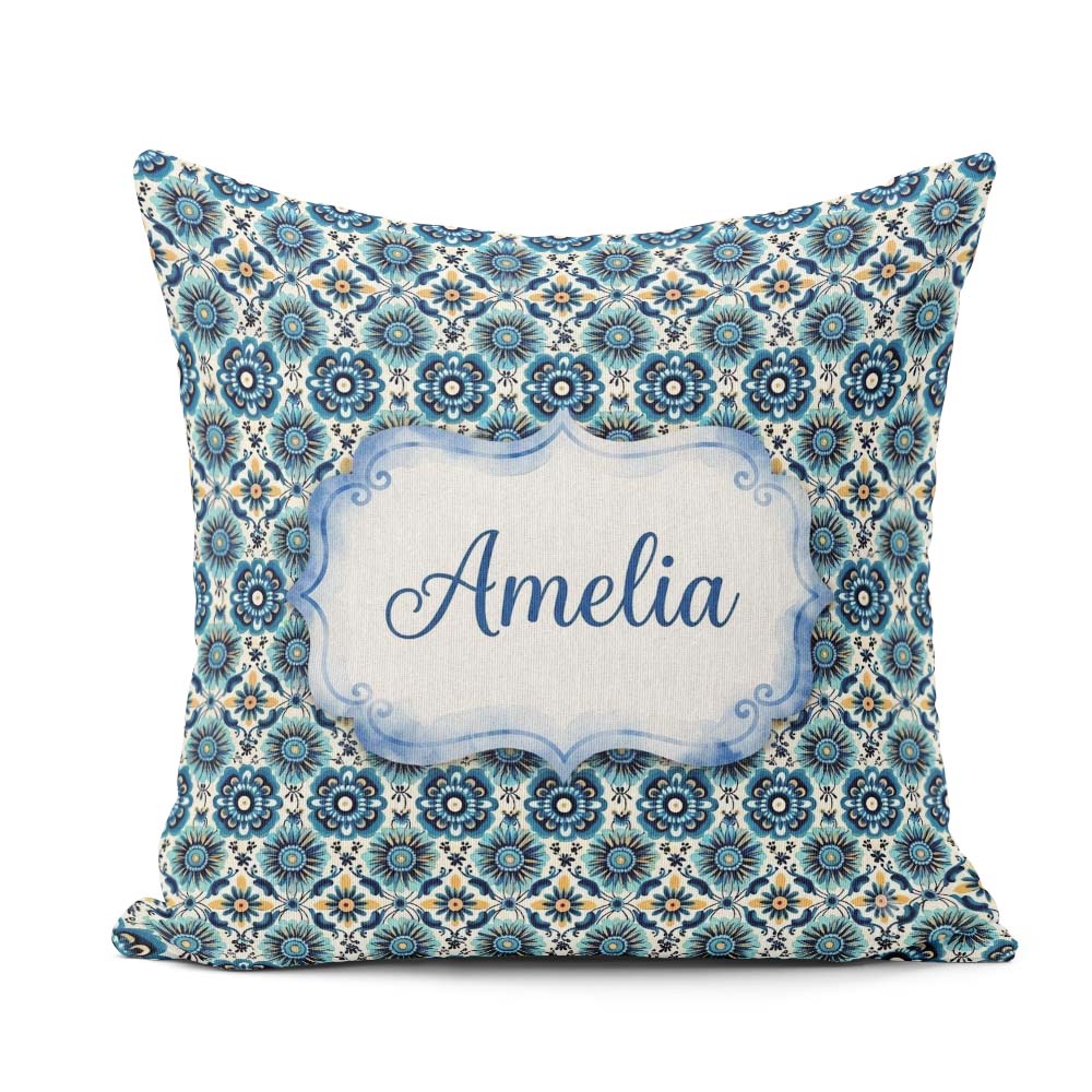 Custom Name Blue Floral Geometric Tile Seamless Pattern Name Square Filled Cushion Throw Pillow Sofa Bed Home Decor Zip Washable UK Made