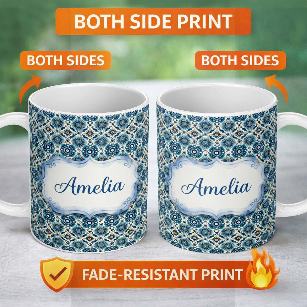 Personalized Custom Name Blue Floral Geometric Tile Seamless Pattern Name Cute Unique Gift 11oz Ceramic Coffee Tea Mug White Large Handle