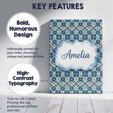 Personalised Name Blue Floral Geometric Custom  Modern Room Accent Elegant Feature Canvas Wall Art Print Decor Picture Ready to Hang