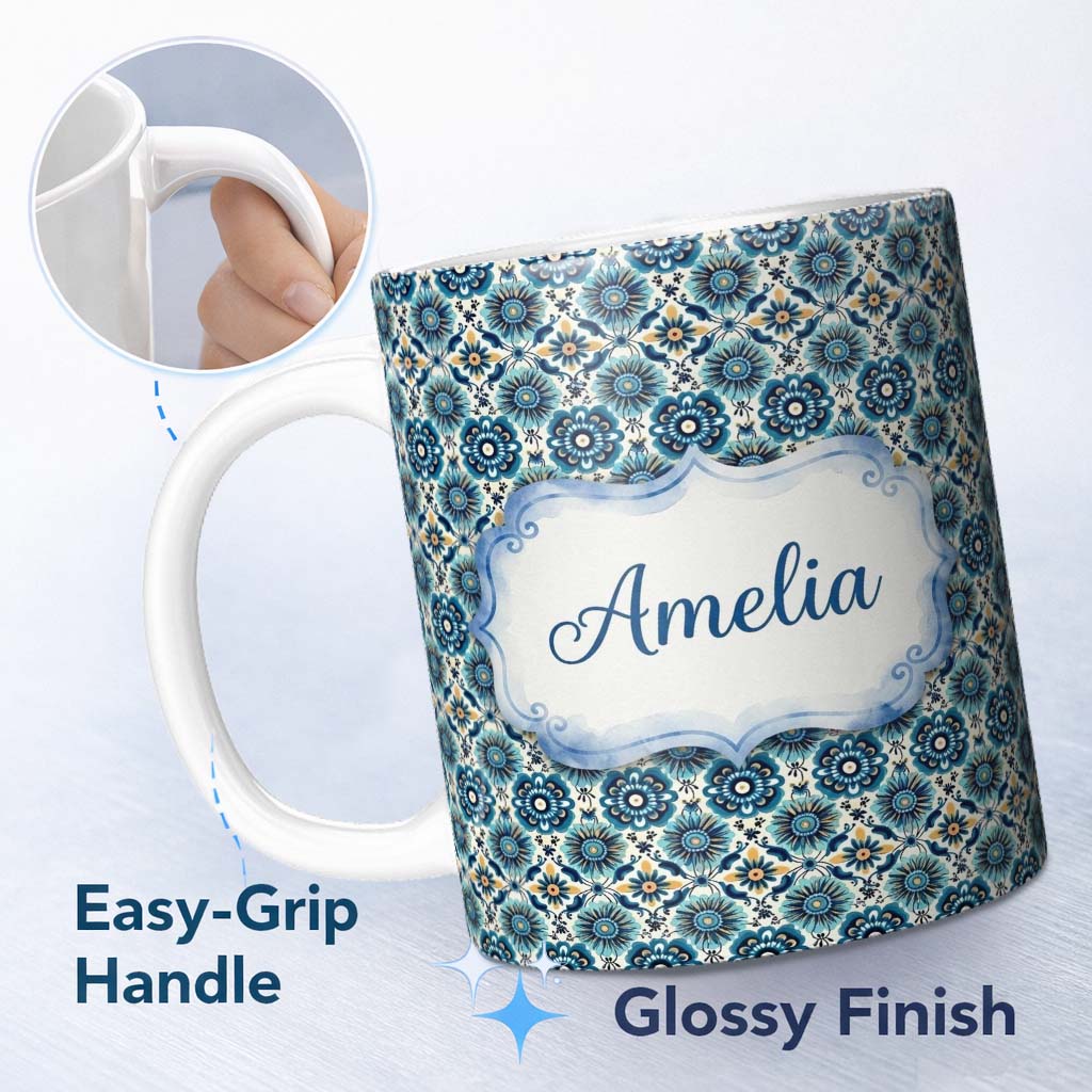 Personalized Custom Name Blue Floral Geometric Tile Seamless Pattern Name Cute Unique Gift 11oz Ceramic Coffee Tea Mug White Large Handle