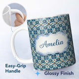 Personalized Custom Name Blue Floral Geometric Tile Seamless Pattern Name Cute Unique Gift 11oz Ceramic Coffee Tea Mug White Large Handle