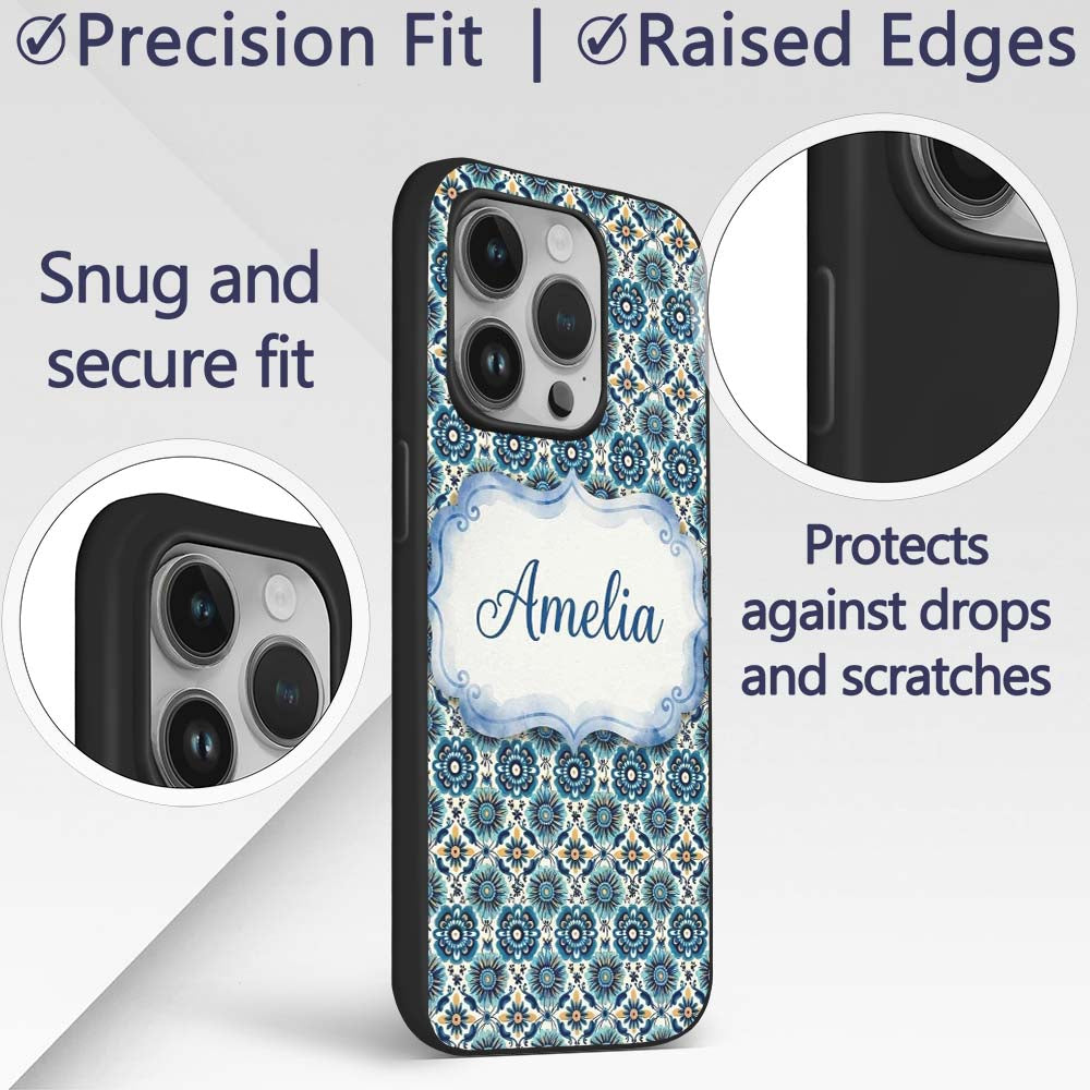 Blue Floral Geometric Tile Seamless Pattern Name Custom Name Protective Phone Case Mobile Cover Durable Everyday Smartphone Shock Resistant