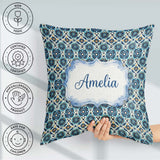 Custom Name Blue Floral Geometric Tile Seamless Pattern Name Square Filled Cushion Throw Pillow Sofa Bed Home Decor Zip Washable UK Made