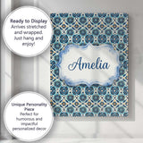 Personalised Name Blue Floral Geometric Custom  Modern Room Accent Elegant Feature Canvas Wall Art Print Decor Picture Ready to Hang